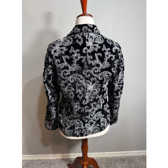 Chico's blazer black velvet with white embroidery lined lapel jacket Sz 0 US S - Picture 5 of 7